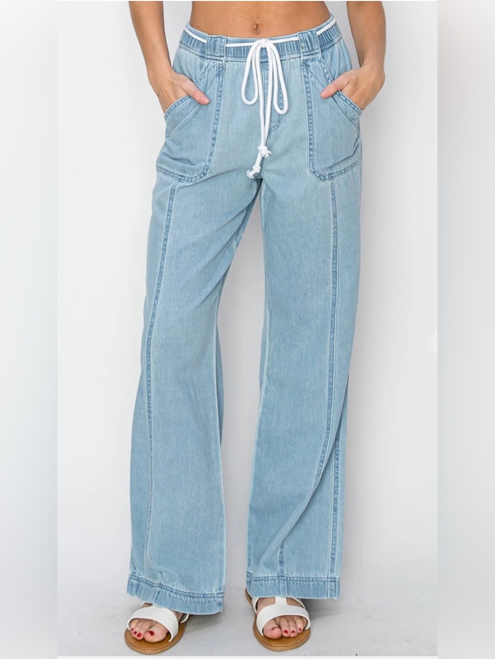 Risen Light Wash Blue Cotton Wide Leg High Rise Belted Jean Pants Size XL NWT